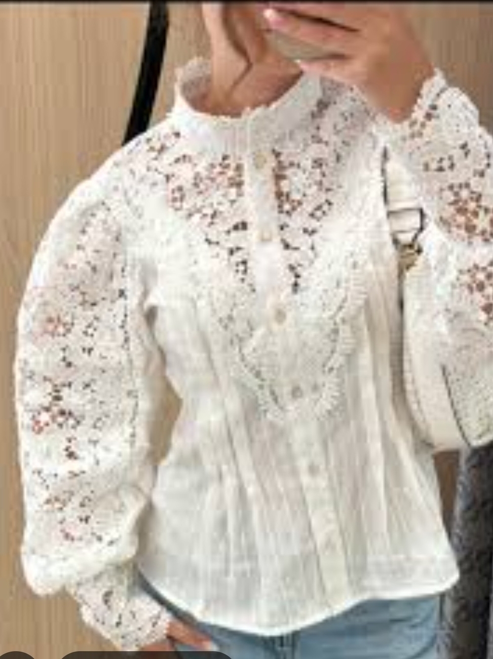 long-sleeve button-up lace blouse featuring a Victorian-style